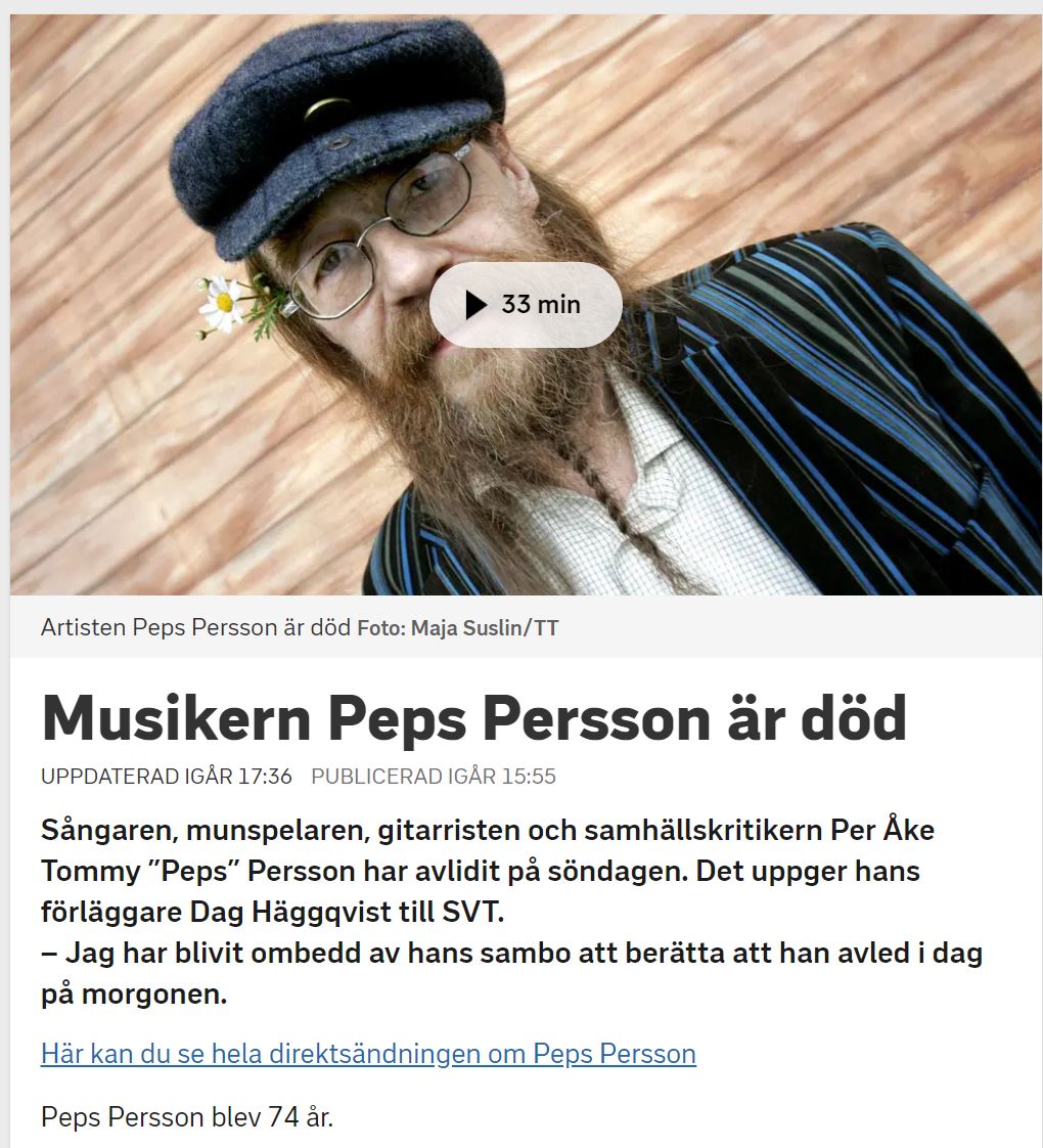 Peps Persson dead at 74